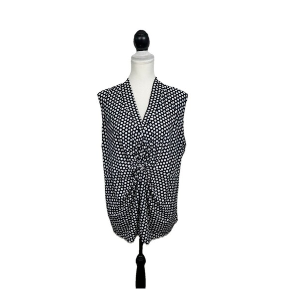 Jones Studio Blouse Plus Sz 2X Black & White Polka Dot Ruched Sleeveless V Neck - Picture 1 of 9